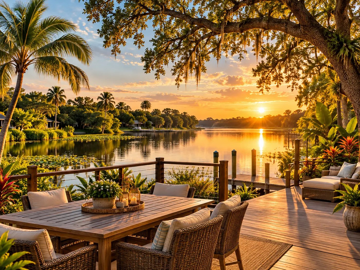 Illustrative golden waterfront