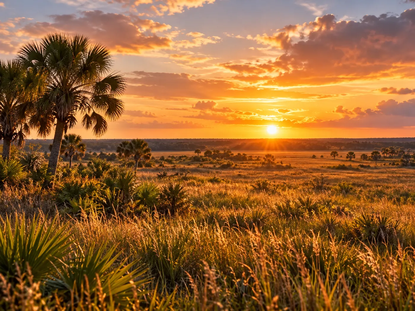 Illustrative sunset over Florida prairie